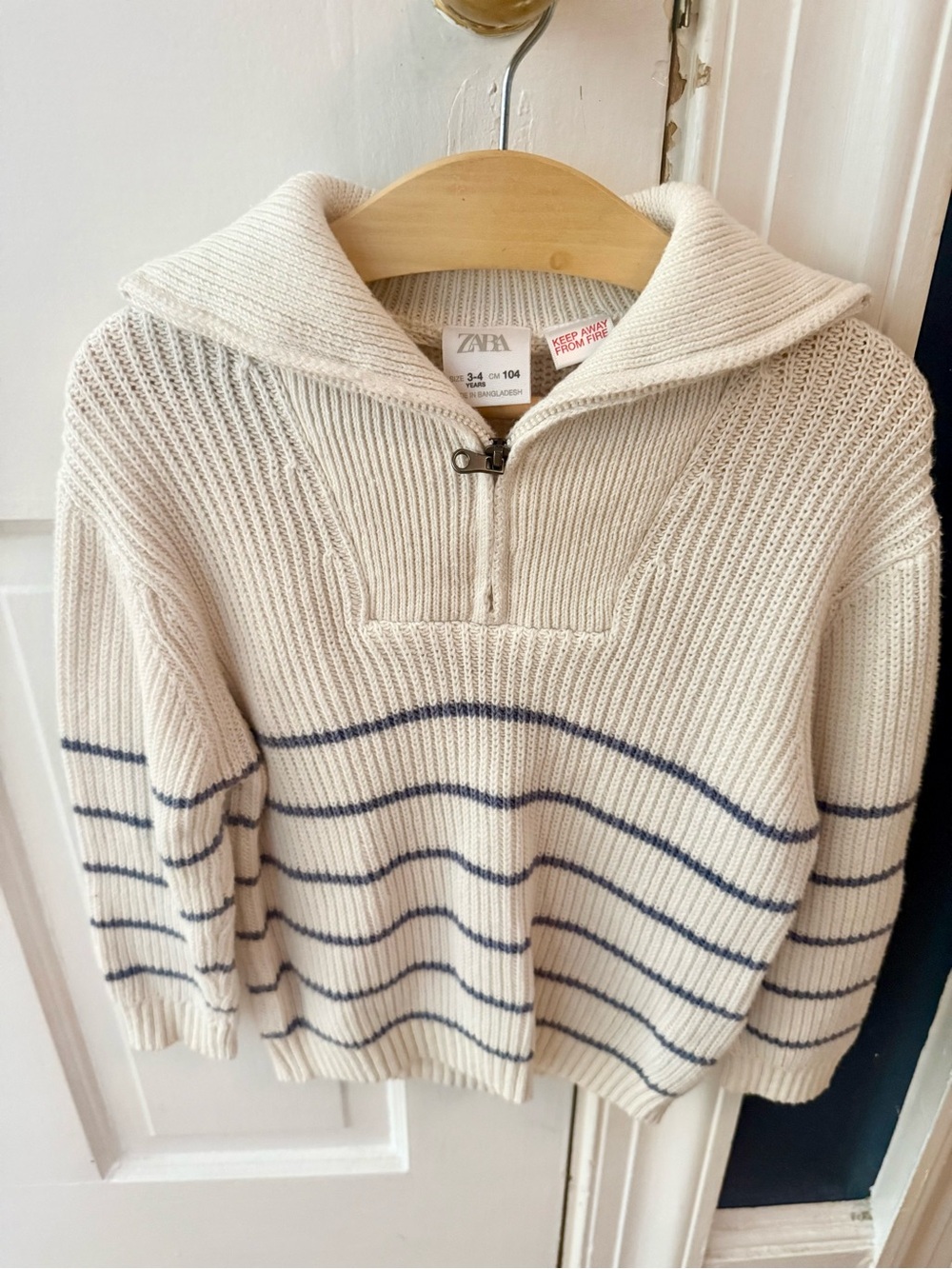 Zara Kids Cream Knit Half-Zip Sweater with Blue Stripes Nautical Size 3-4
